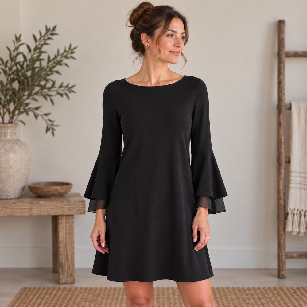 Bailey 44 Black Gray Knit Scoop Neck Flared Sleeve Dress Small